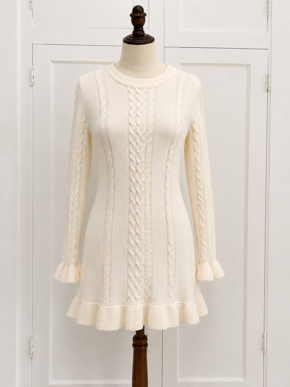 SHEIN Cream Cable-Knit Long Sleeve Ruffle Hem Dress M